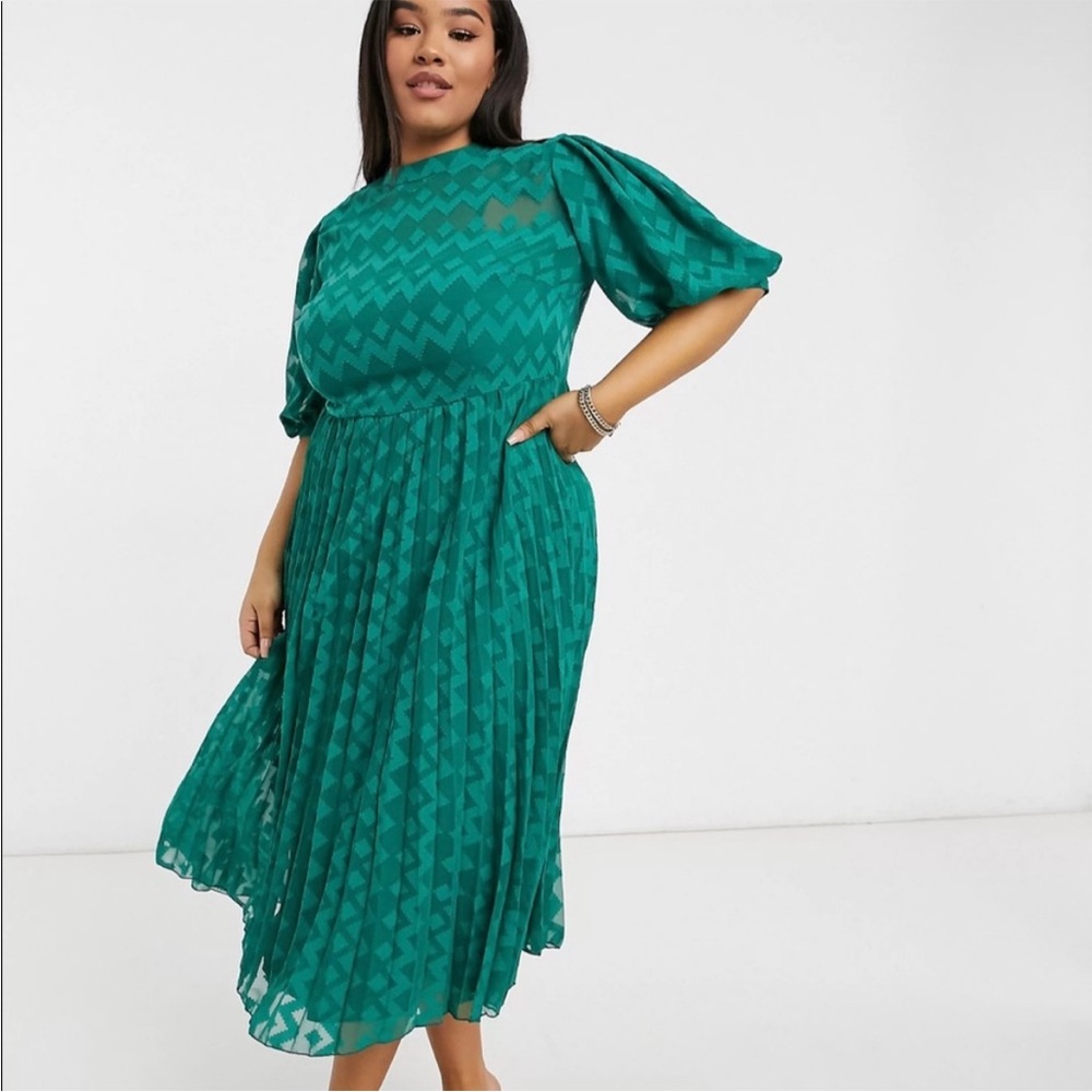 ASOS Design Curve Green Puff Sleeve Pleated Midi Dress – Size 14 NWOT